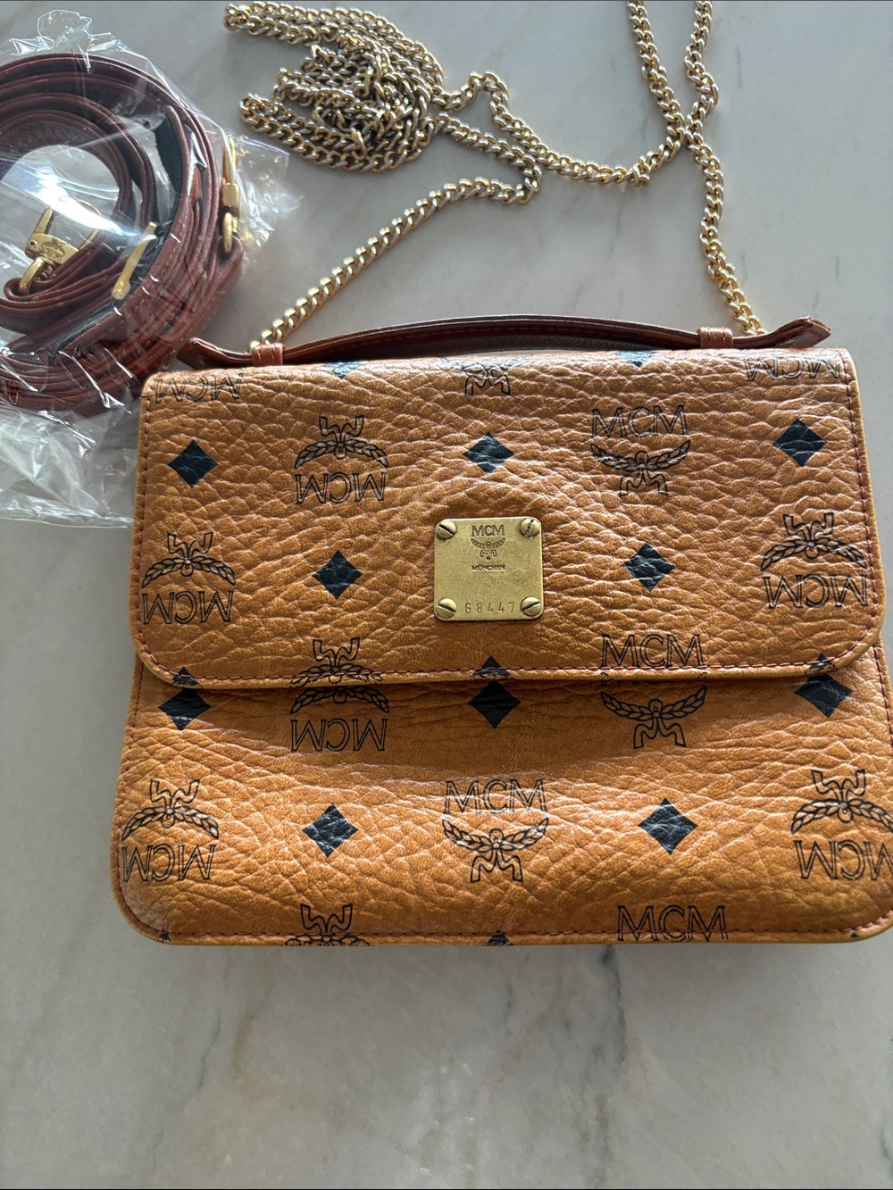 MCM Cognac Visetos Monogram Crossbody with Gold Hardware